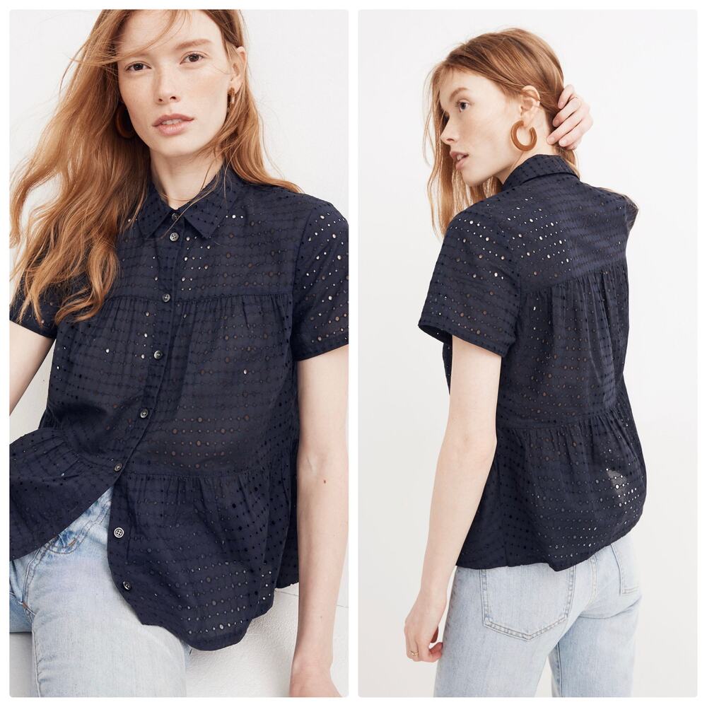 Madewell Navy Eyelet Button Front Top